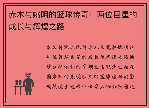 赤木与姚明的篮球传奇：两位巨星的成长与辉煌之路